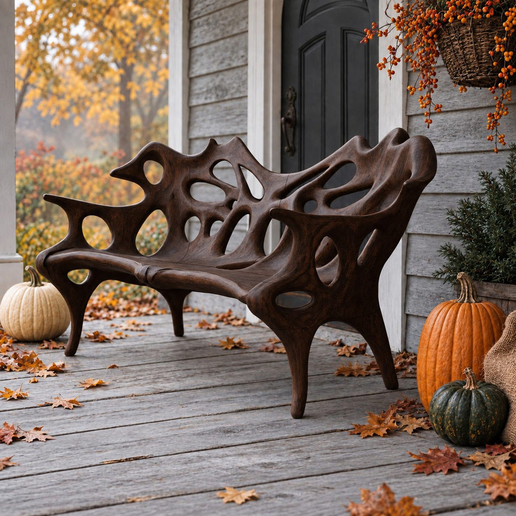 Porous Openwork Sculpted Bench, Organic Solid Wood Porch Bench with Flowing Arms and Slim Splayed Legs