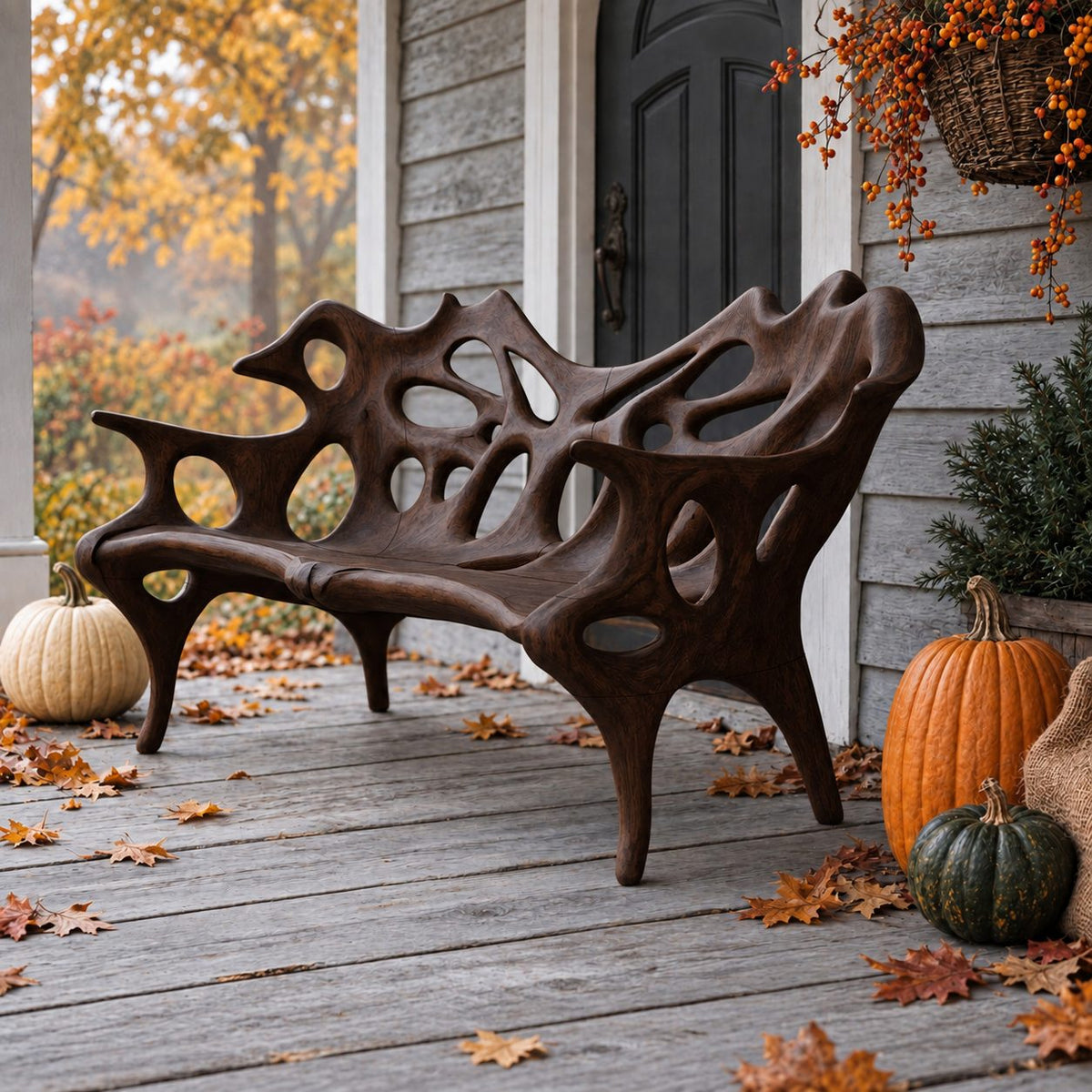 Porous Openwork Sculpted Bench, Organic Solid Wood Porch Bench with Flowing Arms and Slim Splayed Legs