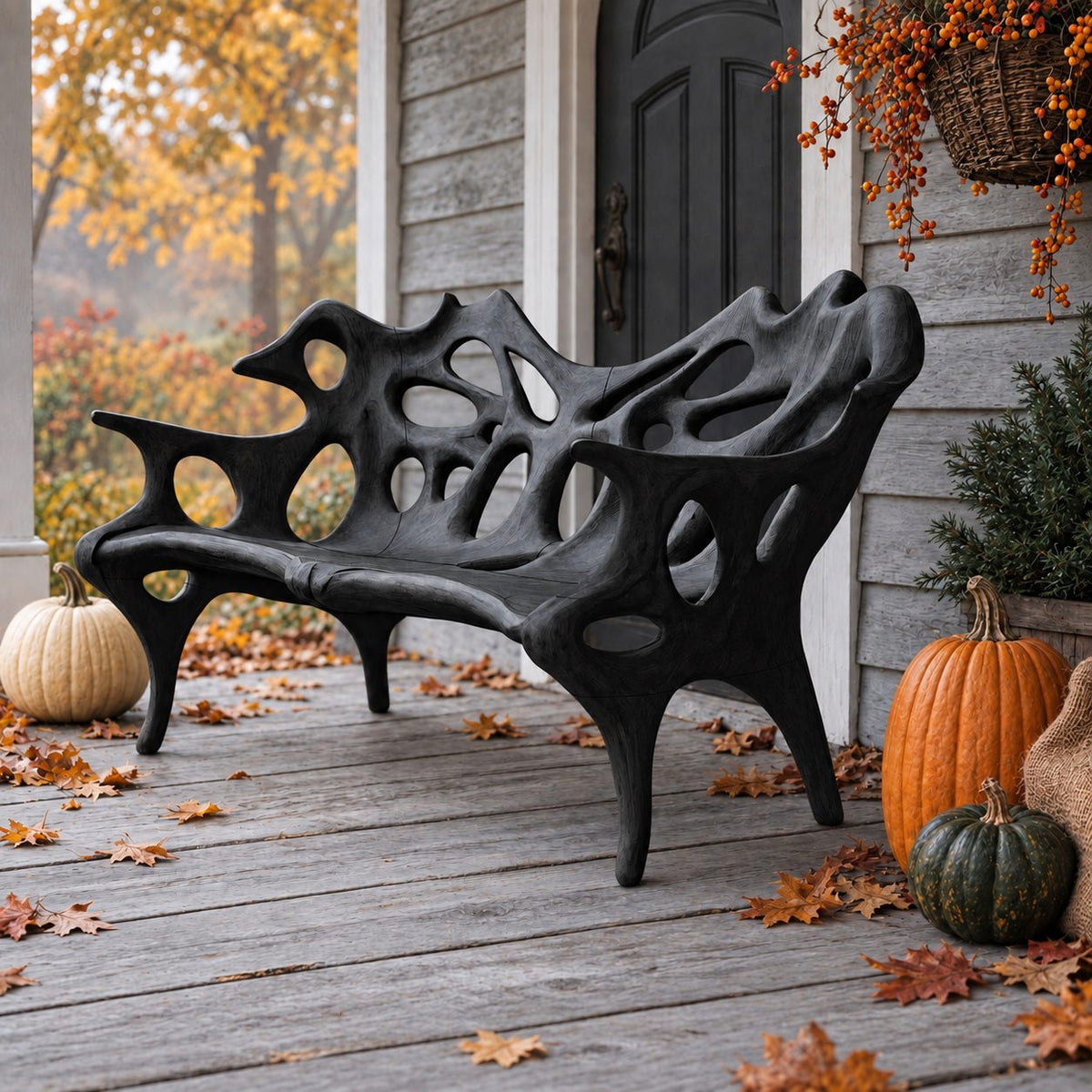Porous Openwork Sculpted Bench, Organic Solid Wood Porch Bench with Flowing Arms and Slim Splayed Legs