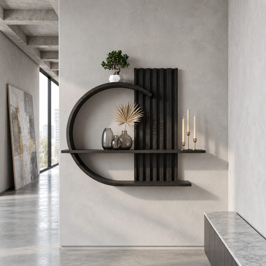 Japandi Floating Shelf with Ring Frame and Slatted Panel, Two-Tier Wood Wall Shelf for Living Room