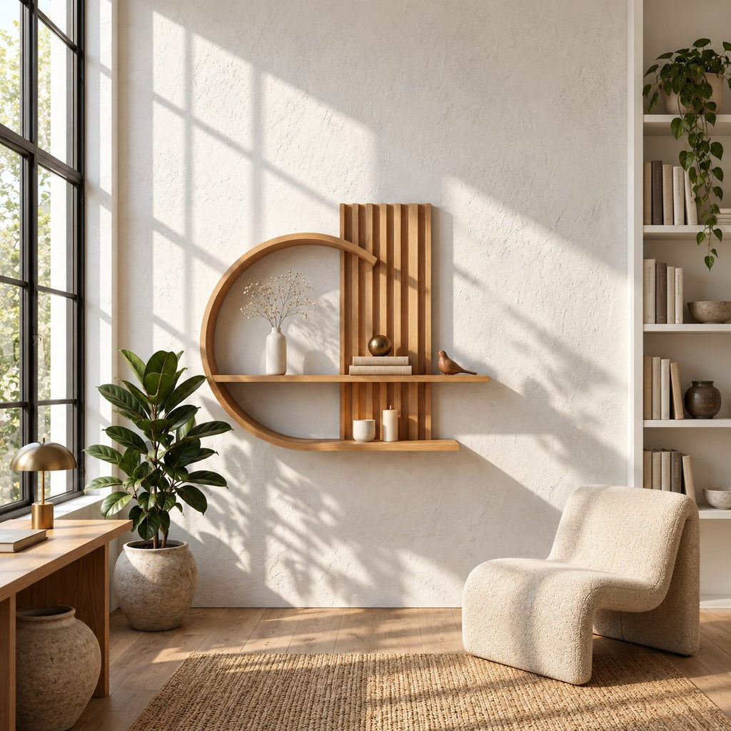 Japandi Floating Shelf with Ring Frame and Slatted Panel, Two-Tier Wood Wall Shelf for Living Room