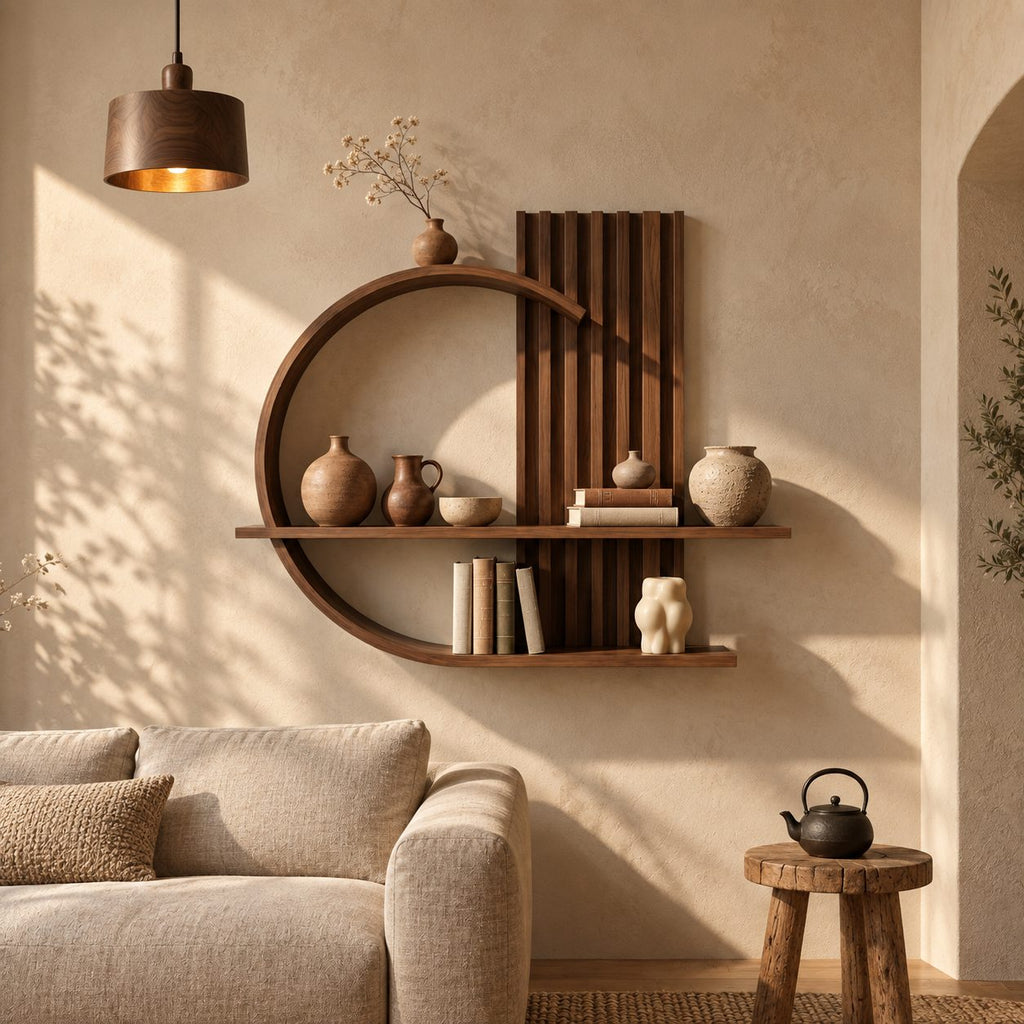 Japandi Floating Shelf with Ring Frame and Slatted Panel, Two-Tier Wood Wall Shelf for Living Room