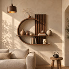 Japandi Floating Shelf with Ring Frame and Slatted Panel, Two-Tier Wood Wall Shelf for Living Room