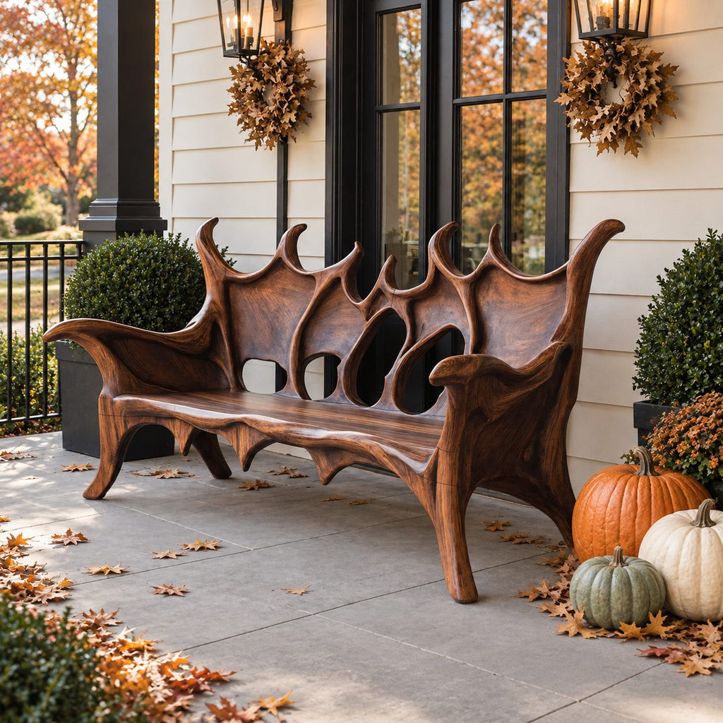 Flame Crest Backrest Bench, Sculptural Solid Wood Patio Bench with Peaked Openwork Back and Long Arms