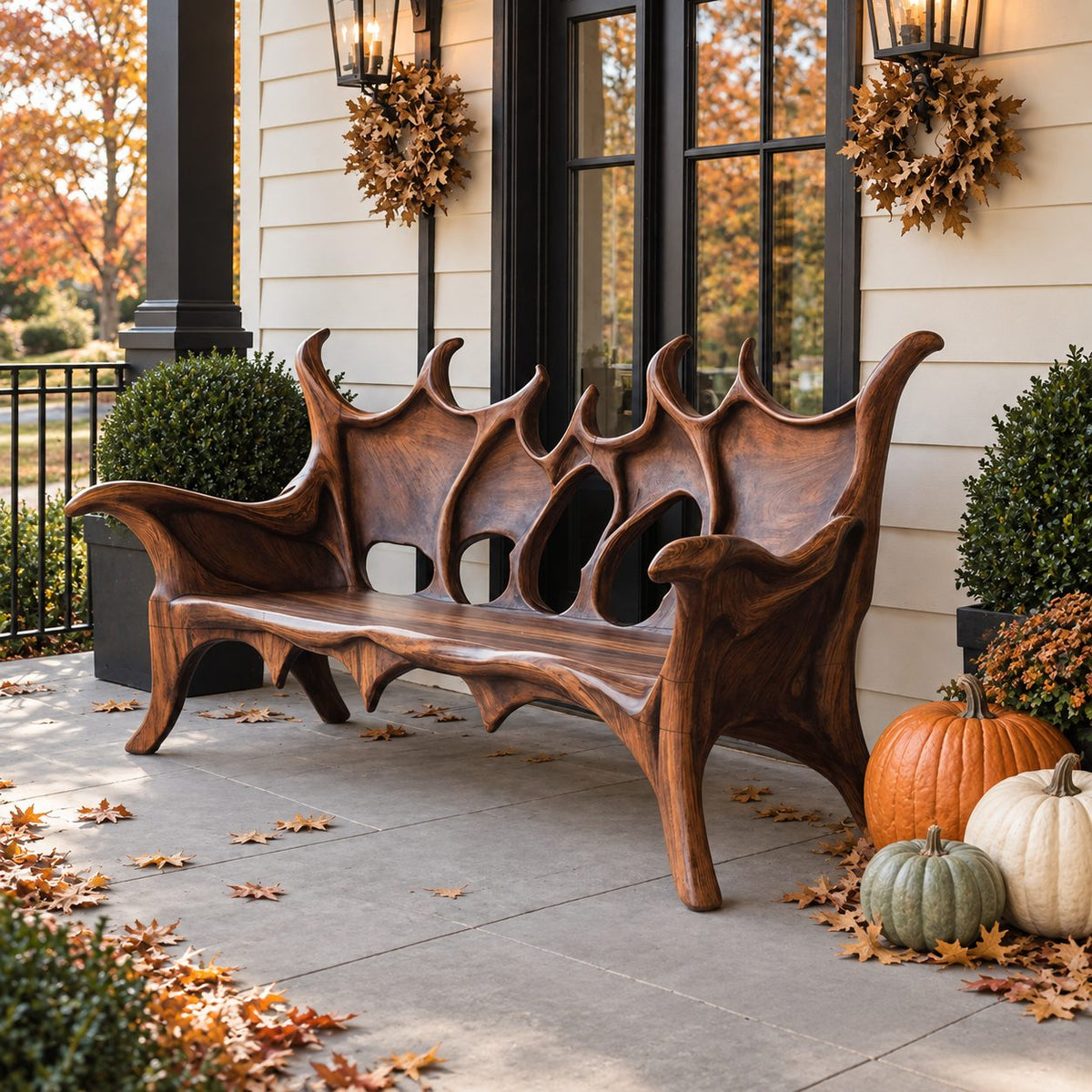 Flame Crest Backrest Bench, Sculptural Solid Wood Patio Bench with Peaked Openwork Back and Long Arms