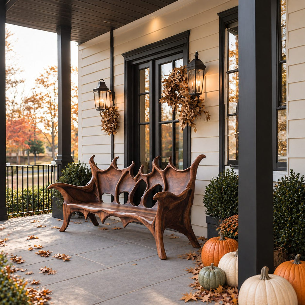 Flame Crest Backrest Bench, Sculptural Solid Wood Patio Bench with Peaked Openwork Back and Long Arms