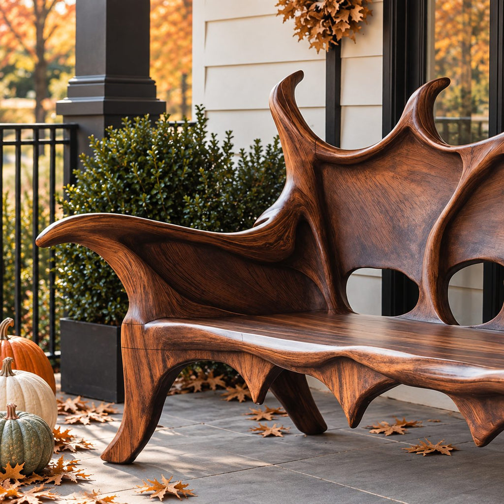 Flame Crest Backrest Bench, Sculptural Solid Wood Patio Bench with Peaked Openwork Back and Long Arms