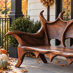 Flame Crest Backrest Bench, Sculptural Solid Wood Patio Bench with Peaked Openwork Back and Long Arms