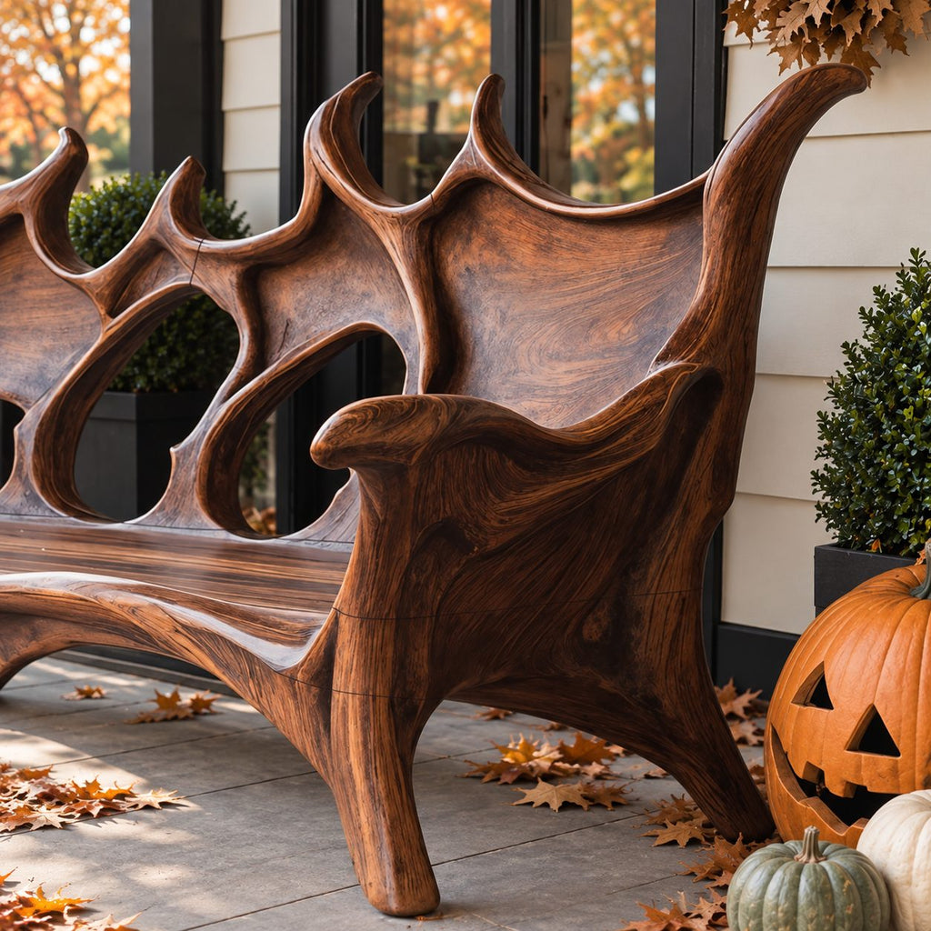 Flame Crest Backrest Bench, Sculptural Solid Wood Patio Bench with Peaked Openwork Back and Long Arms