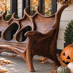 Flame Crest Backrest Bench, Sculptural Solid Wood Patio Bench with Peaked Openwork Back and Long Arms