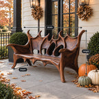Flame Crest Backrest Bench, Sculptural Solid Wood Patio Bench with Peaked Openwork Back and Long Arms