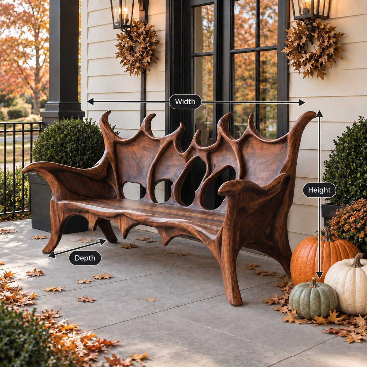 Flame Crest Backrest Bench, Sculptural Solid Wood Patio Bench with Peaked Openwork Back and Long Arms