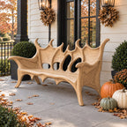 Flame Crest Backrest Bench, Sculptural Solid Wood Patio Bench with Peaked Openwork Back and Long Arms