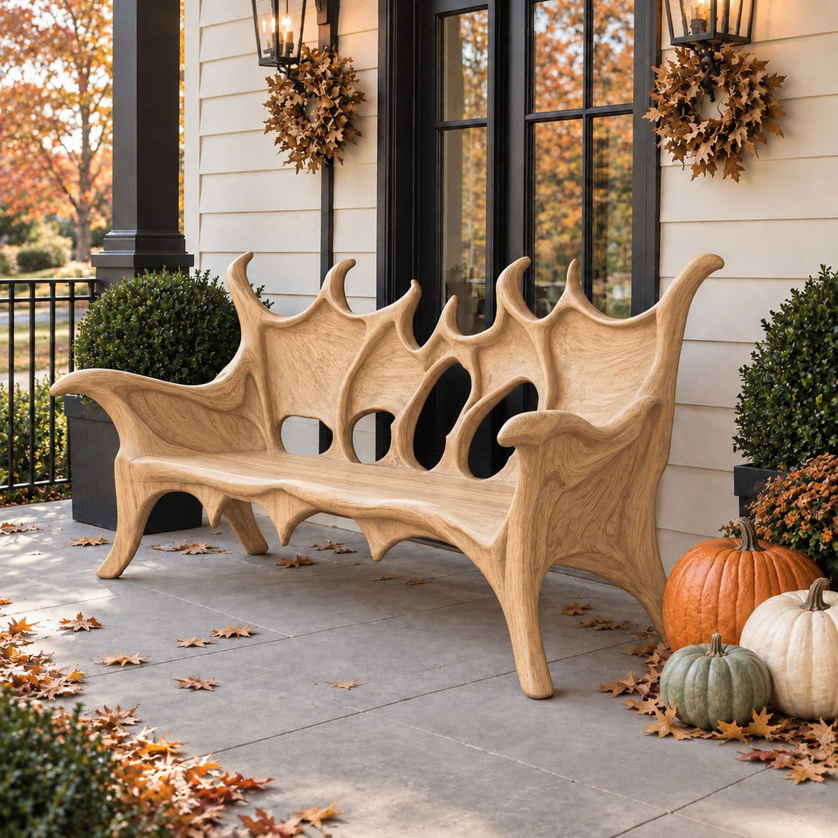 Flame Crest Backrest Bench, Sculptural Solid Wood Patio Bench with Peaked Openwork Back and Long Arms