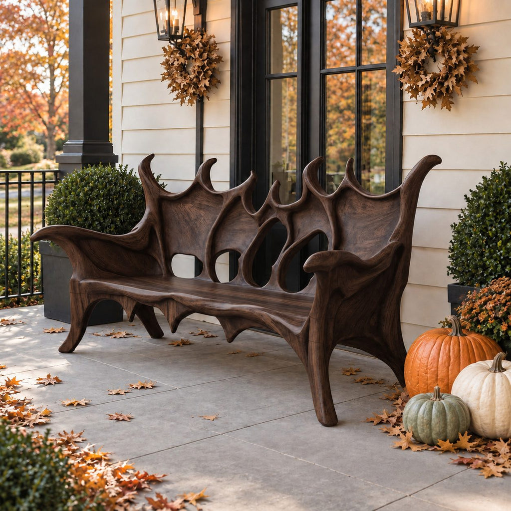 Flame Crest Backrest Bench, Sculptural Solid Wood Patio Bench with Peaked Openwork Back and Long Arms
