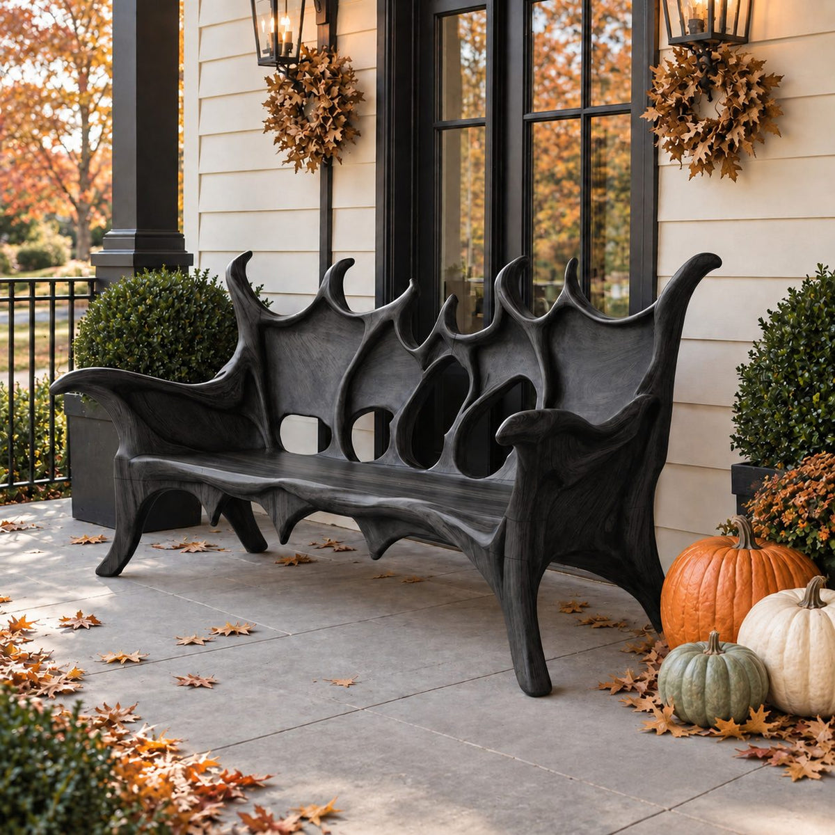 Flame Crest Backrest Bench, Sculptural Solid Wood Patio Bench with Peaked Openwork Back and Long Arms