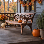 Web Pattern Carved Back Bench, Solid Wood Porch Bench with Sweeping Arms and Curved Splayed Legs