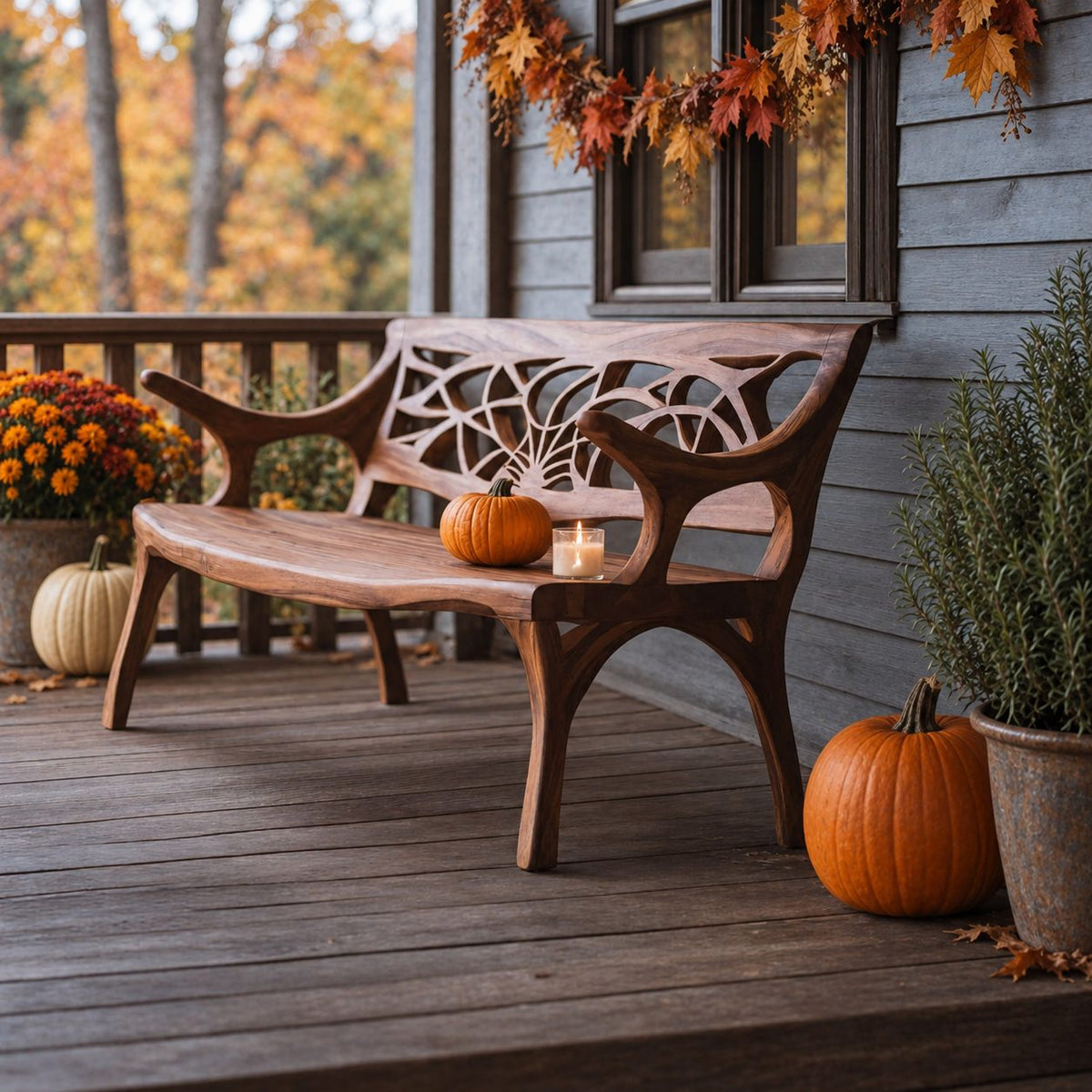 Web Pattern Carved Back Bench, Solid Wood Porch Bench with Sweeping Arms and Curved Splayed Legs