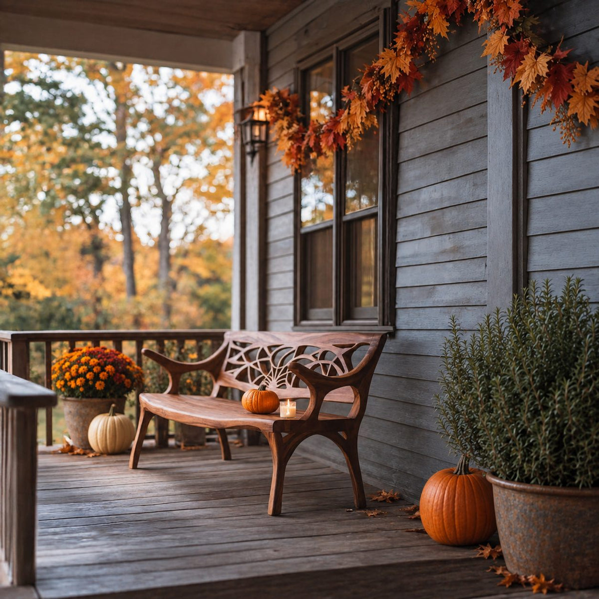 Web Pattern Carved Back Bench, Solid Wood Porch Bench with Sweeping Arms and Curved Splayed Legs