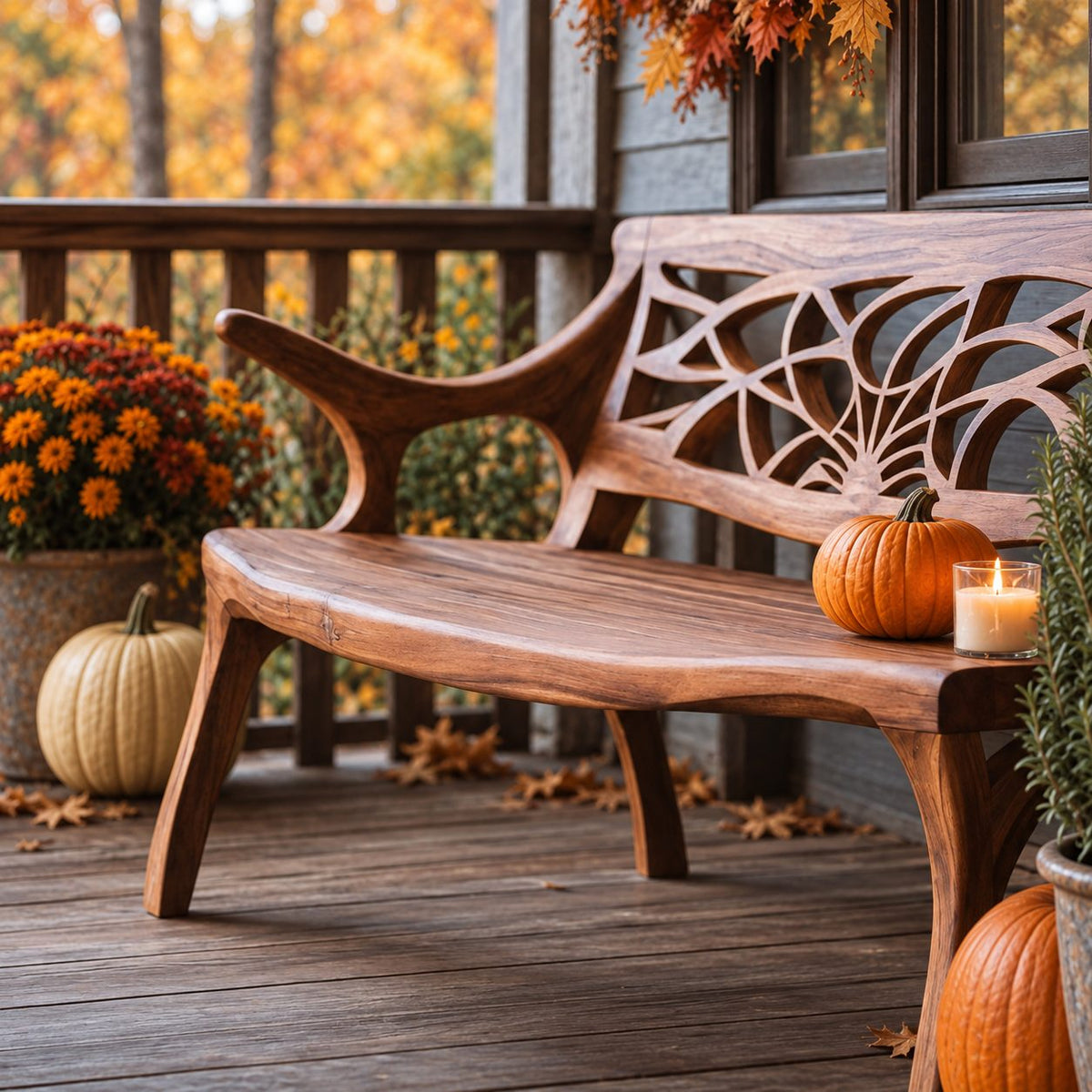 Web Pattern Carved Back Bench, Solid Wood Porch Bench with Sweeping Arms and Curved Splayed Legs