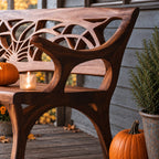 Web Pattern Carved Back Bench, Solid Wood Porch Bench with Sweeping Arms and Curved Splayed Legs
