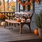 Web Pattern Carved Back Bench, Solid Wood Porch Bench with Sweeping Arms and Curved Splayed Legs