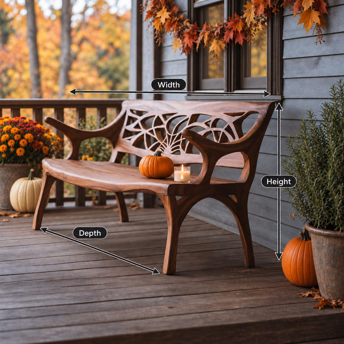 Web Pattern Carved Back Bench, Solid Wood Porch Bench with Sweeping Arms and Curved Splayed Legs