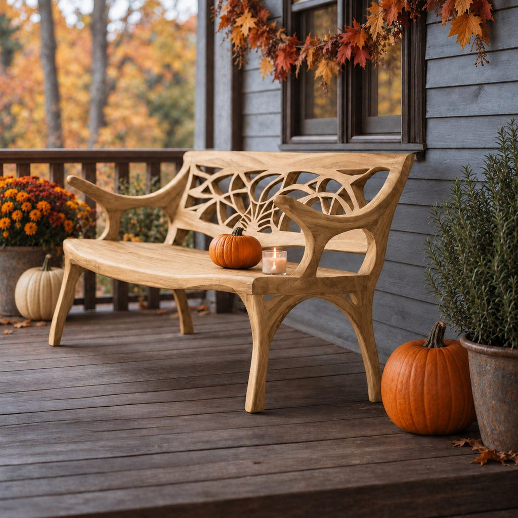 Web Pattern Carved Back Bench, Solid Wood Porch Bench with Sweeping Arms and Curved Splayed Legs