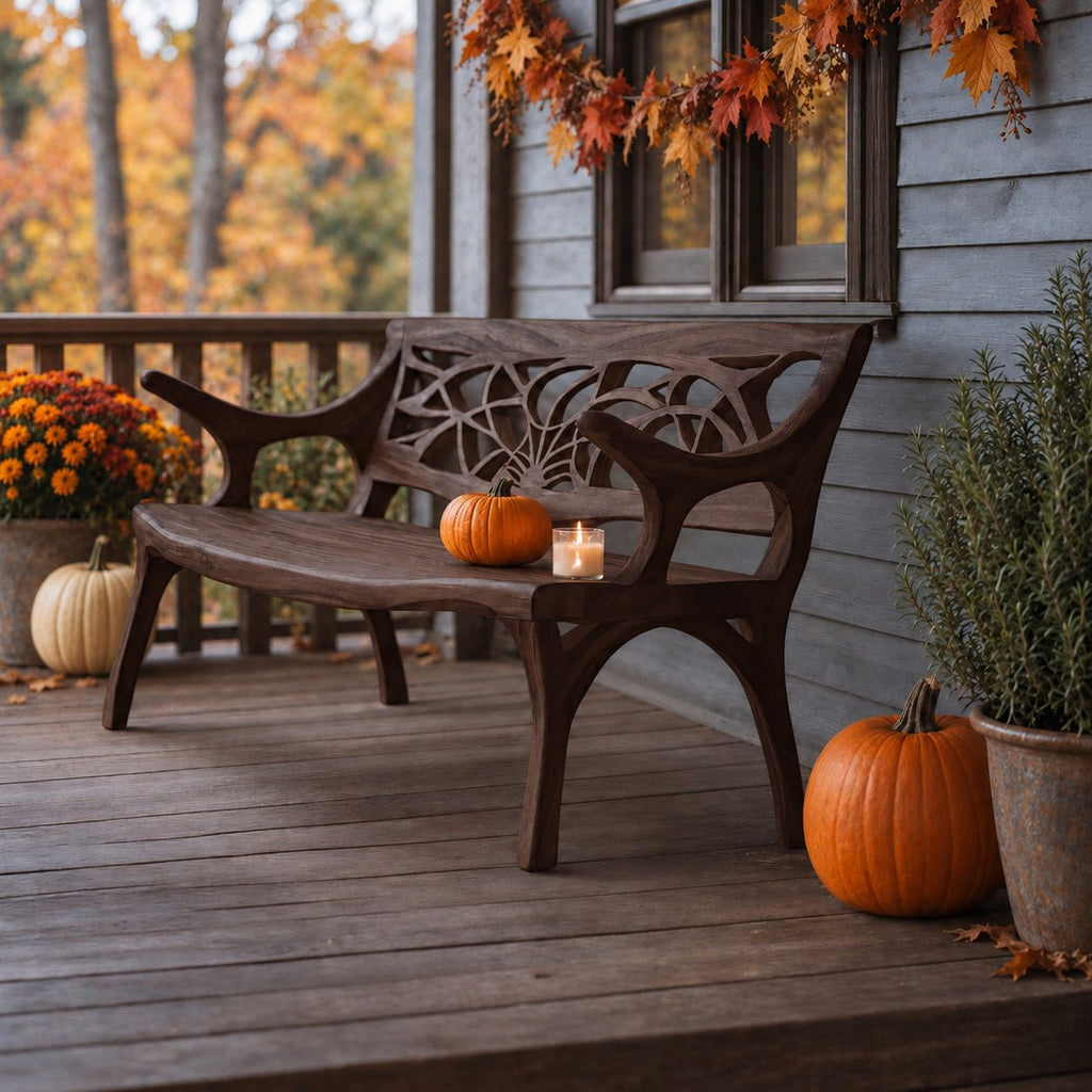 Web Pattern Carved Back Bench, Solid Wood Porch Bench with Sweeping Arms and Curved Splayed Legs