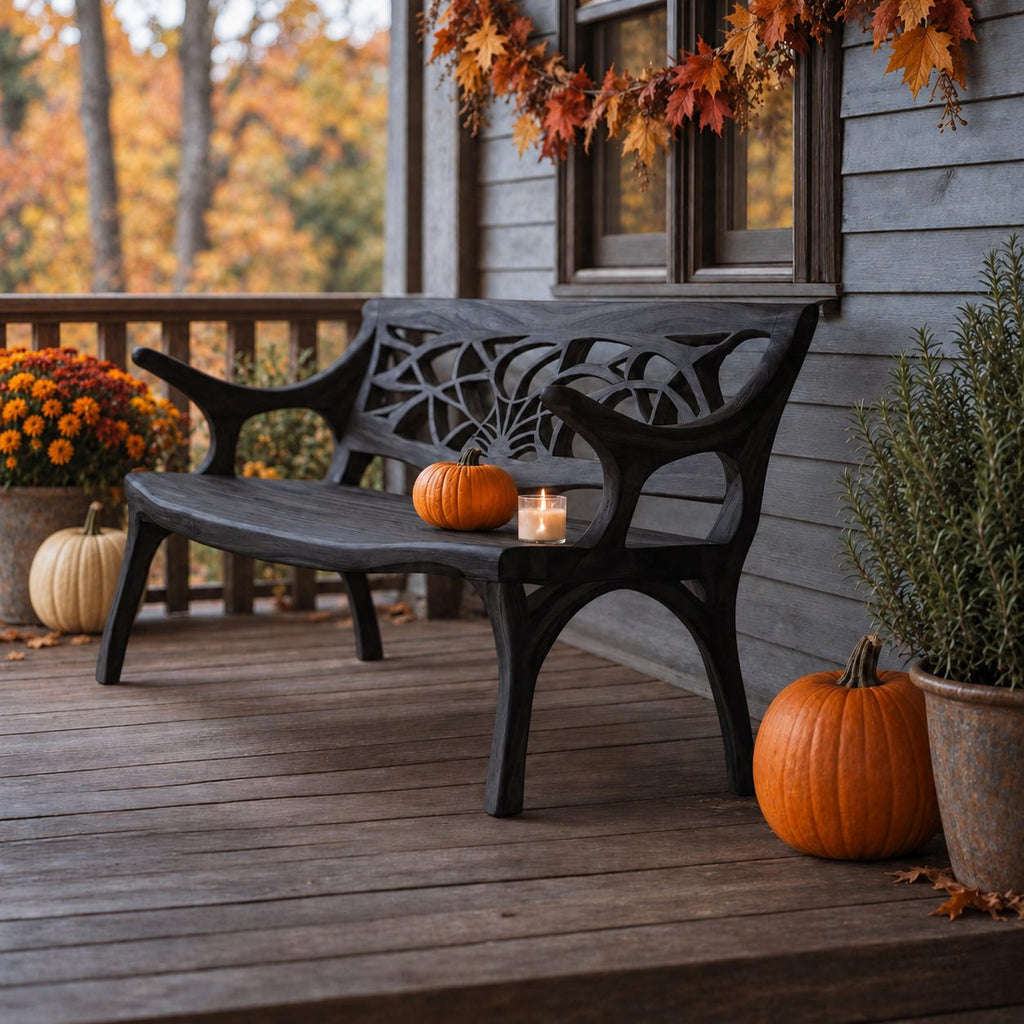 Web Pattern Carved Back Bench, Solid Wood Porch Bench with Sweeping Arms and Curved Splayed Legs