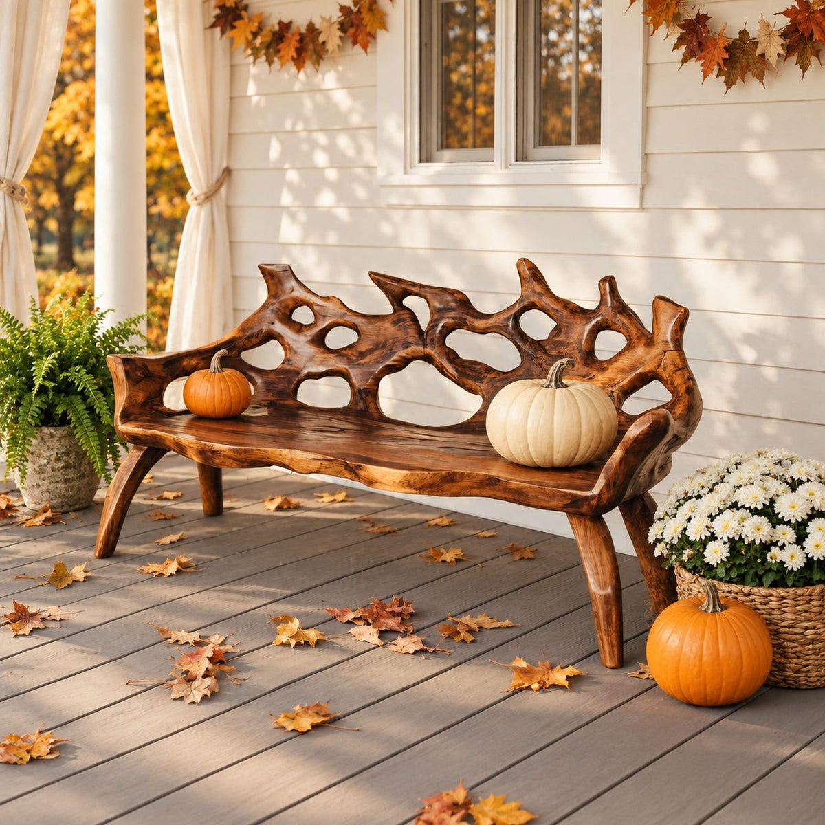 Branch Tip Openwork Log Bench, Rustic Solid Wood Porch Bench with Natural Slab Seat and Bowed Legs