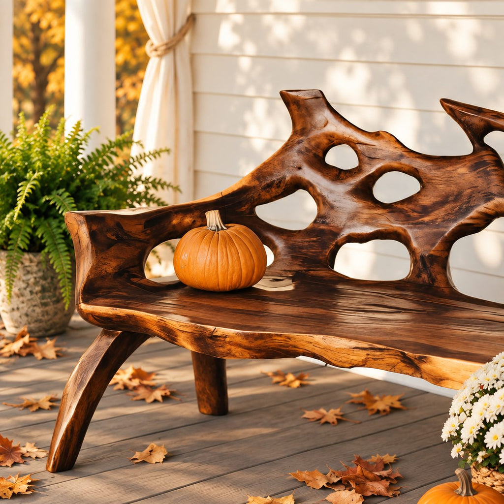 Branch Tip Openwork Log Bench, Rustic Solid Wood Porch Bench with Natural Slab Seat and Bowed Legs