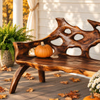 Branch Tip Openwork Log Bench, Rustic Solid Wood Porch Bench with Natural Slab Seat and Bowed Legs