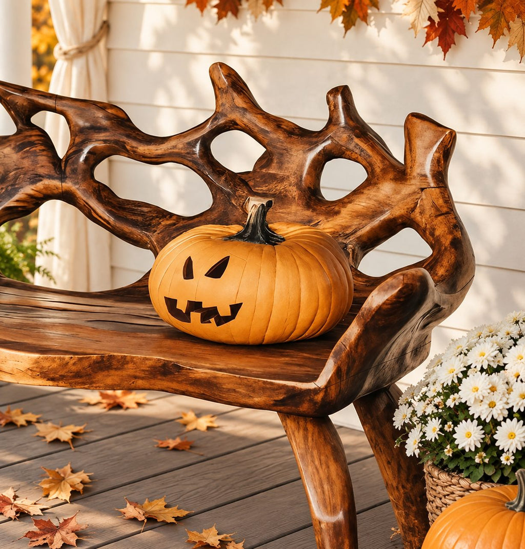 Branch Tip Openwork Log Bench, Rustic Solid Wood Porch Bench with Natural Slab Seat and Bowed Legs