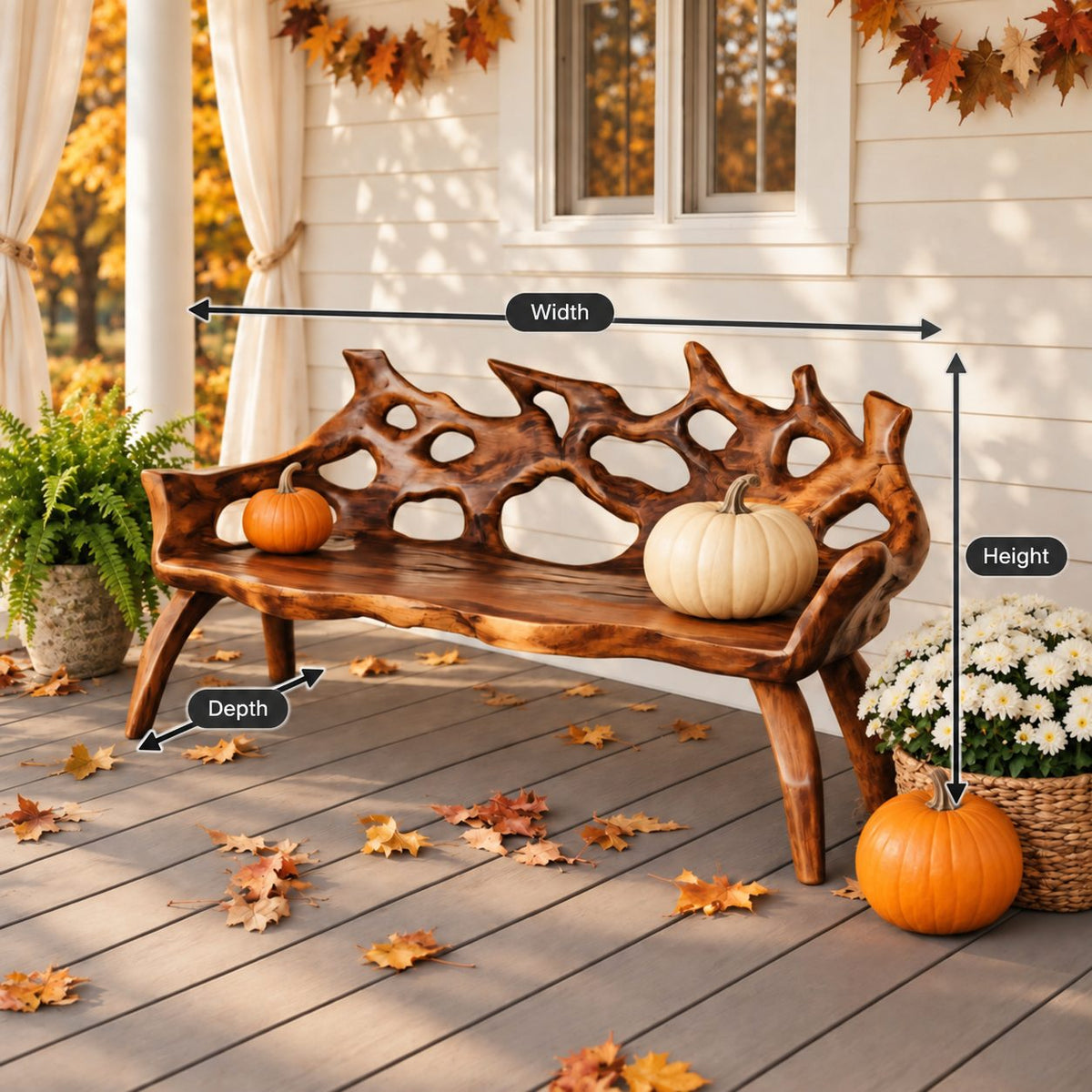 Branch Tip Openwork Log Bench, Rustic Solid Wood Porch Bench with Natural Slab Seat and Bowed Legs