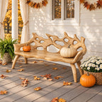 Branch Tip Openwork Log Bench, Rustic Solid Wood Porch Bench with Natural Slab Seat and Bowed Legs