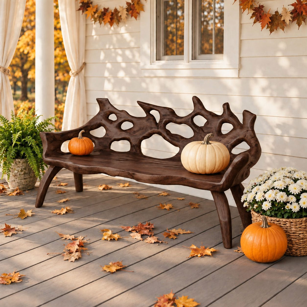 Branch Tip Openwork Log Bench, Rustic Solid Wood Porch Bench with Natural Slab Seat and Bowed Legs