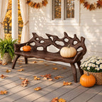 Branch Tip Openwork Log Bench, Rustic Solid Wood Porch Bench with Natural Slab Seat and Bowed Legs