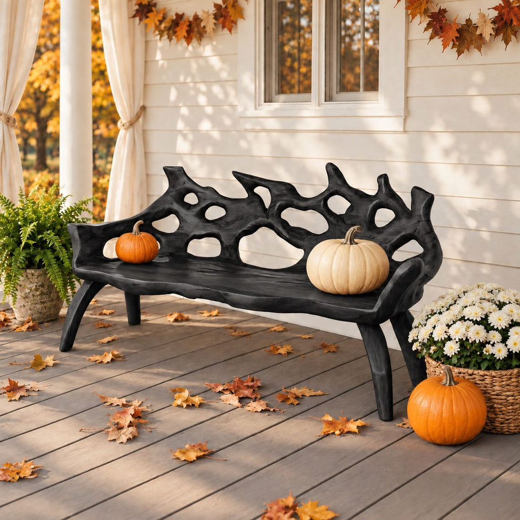 Branch Tip Openwork Log Bench, Rustic Solid Wood Porch Bench with Natural Slab Seat and Bowed Legs