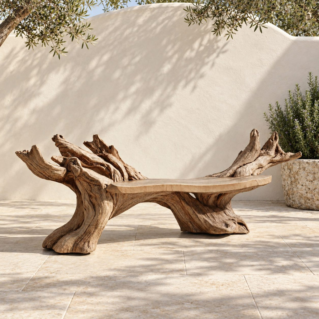 Twin Root Driftwood Style Bench, Sculptural Solid Wood Branch Bench with Gnarled Rising Branch Ends