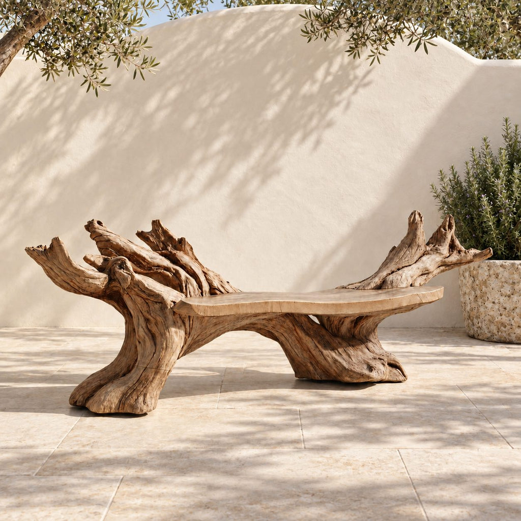 Twin Root Driftwood Style Bench, Sculptural Solid Wood Branch Bench with Gnarled Rising Branch Ends
