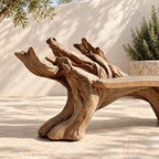 Twin Root Driftwood Style Bench, Sculptural Solid Wood Branch Bench with Gnarled Rising Branch Ends