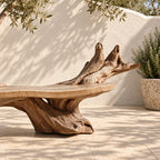 Twin Root Driftwood Style Bench, Sculptural Solid Wood Branch Bench with Gnarled Rising Branch Ends