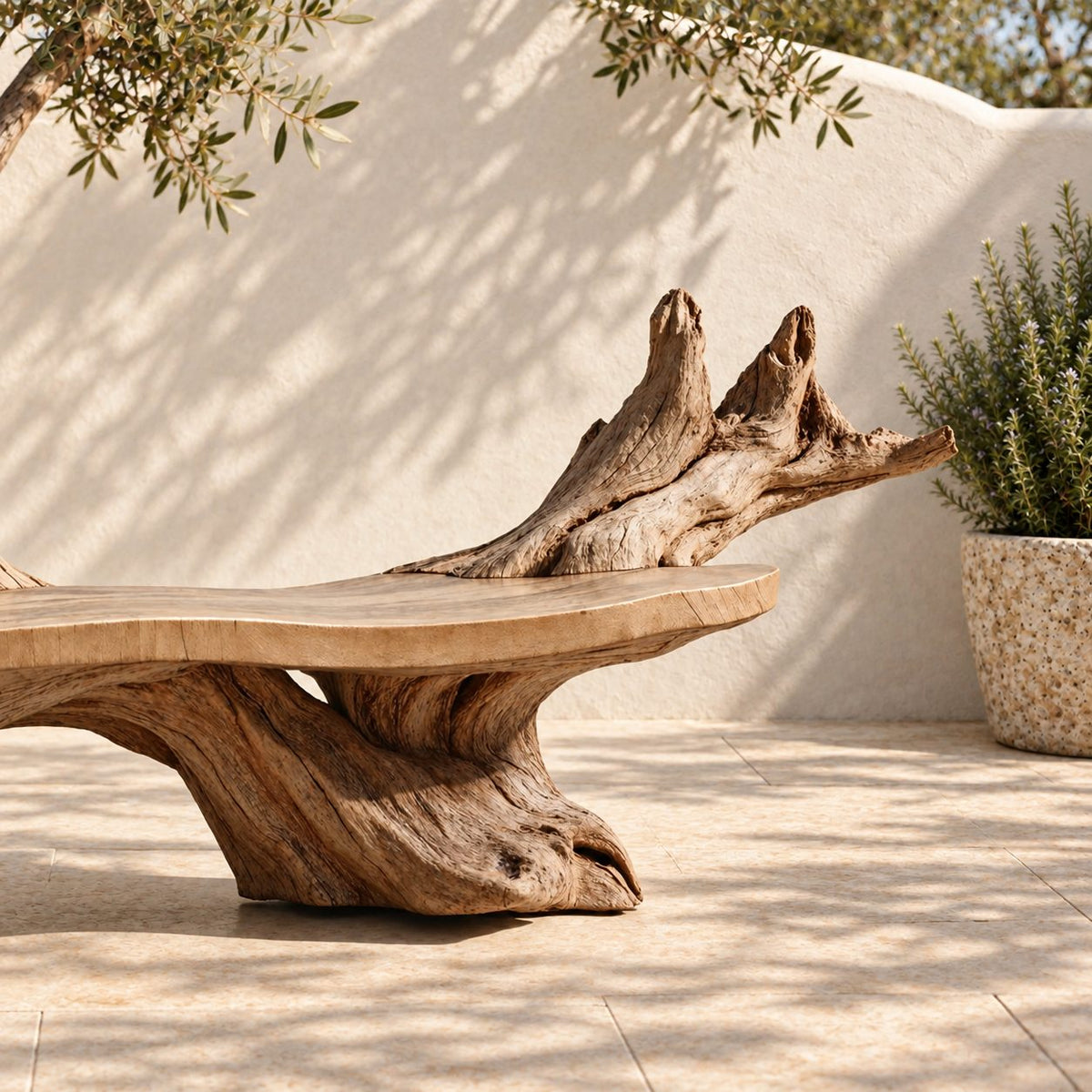 Twin Root Driftwood Style Bench, Sculptural Solid Wood Branch Bench with Gnarled Rising Branch Ends
