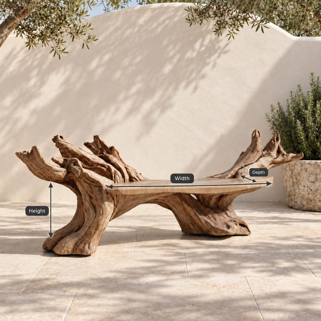 Twin Root Driftwood Style Bench, Sculptural Solid Wood Branch Bench with Gnarled Rising Branch Ends