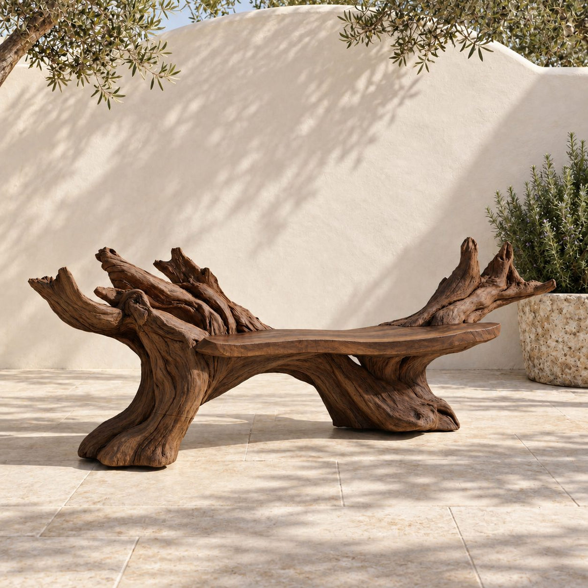 Twin Root Driftwood Style Bench, Sculptural Solid Wood Branch Bench with Gnarled Rising Branch Ends