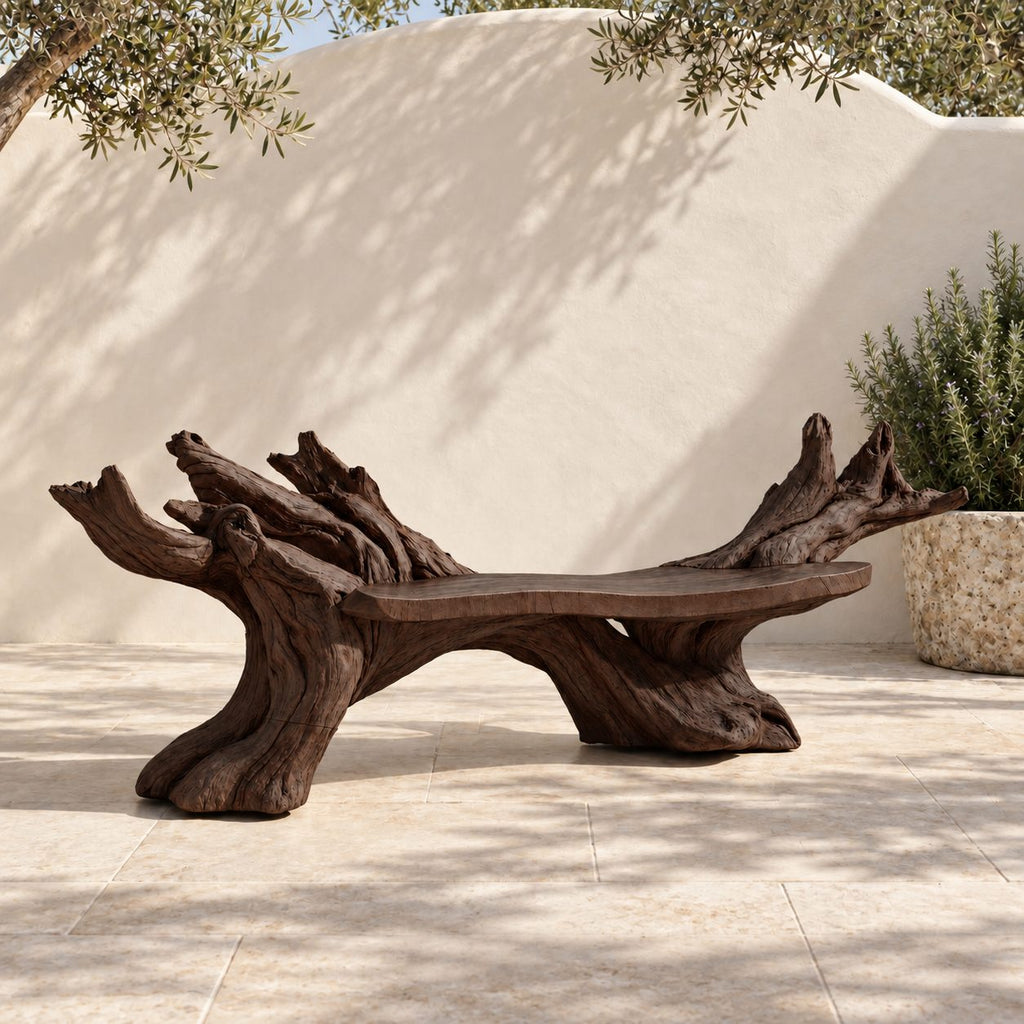 Twin Root Driftwood Style Bench, Sculptural Solid Wood Branch Bench with Gnarled Rising Branch Ends