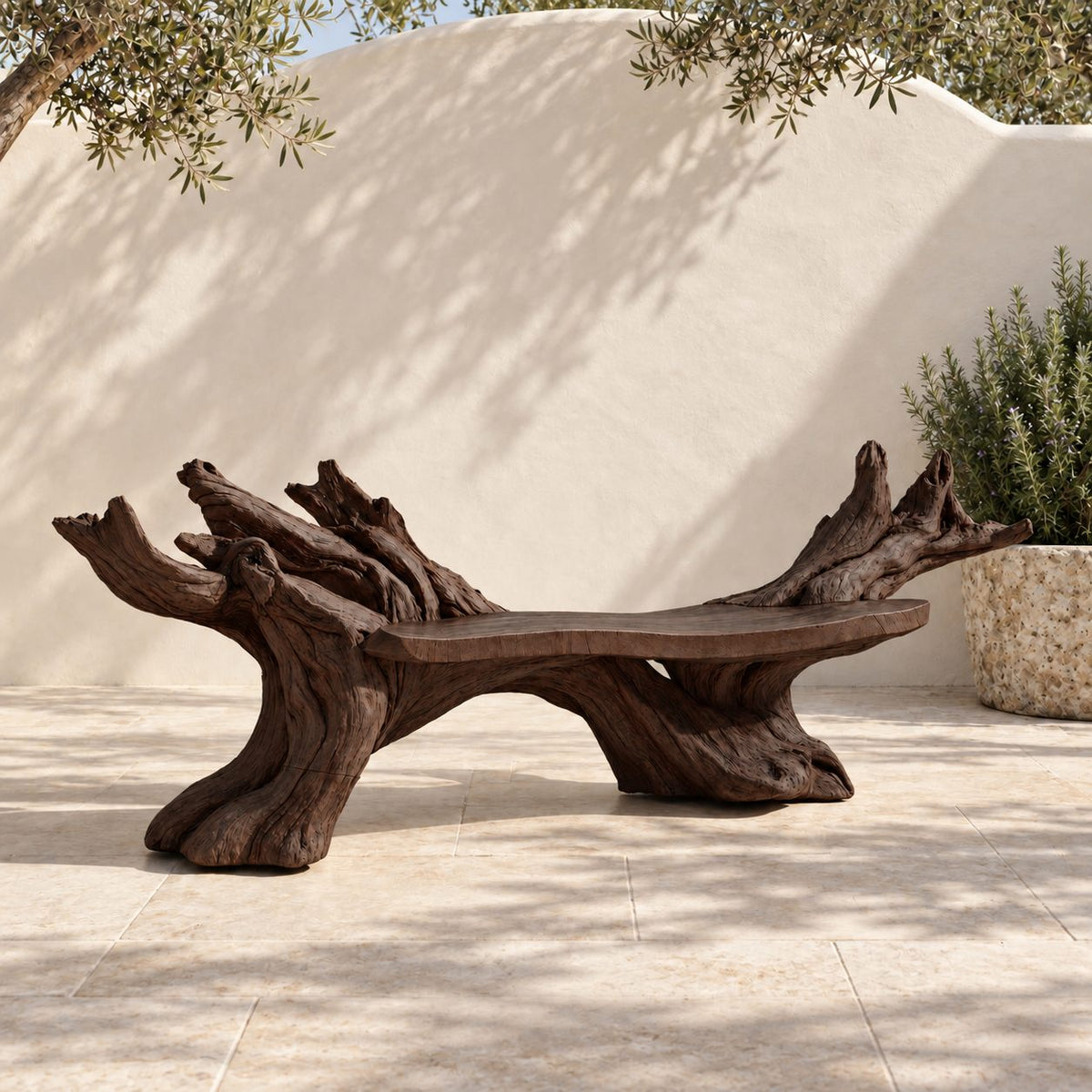 Twin Root Driftwood Style Bench, Sculptural Solid Wood Branch Bench with Gnarled Rising Branch Ends