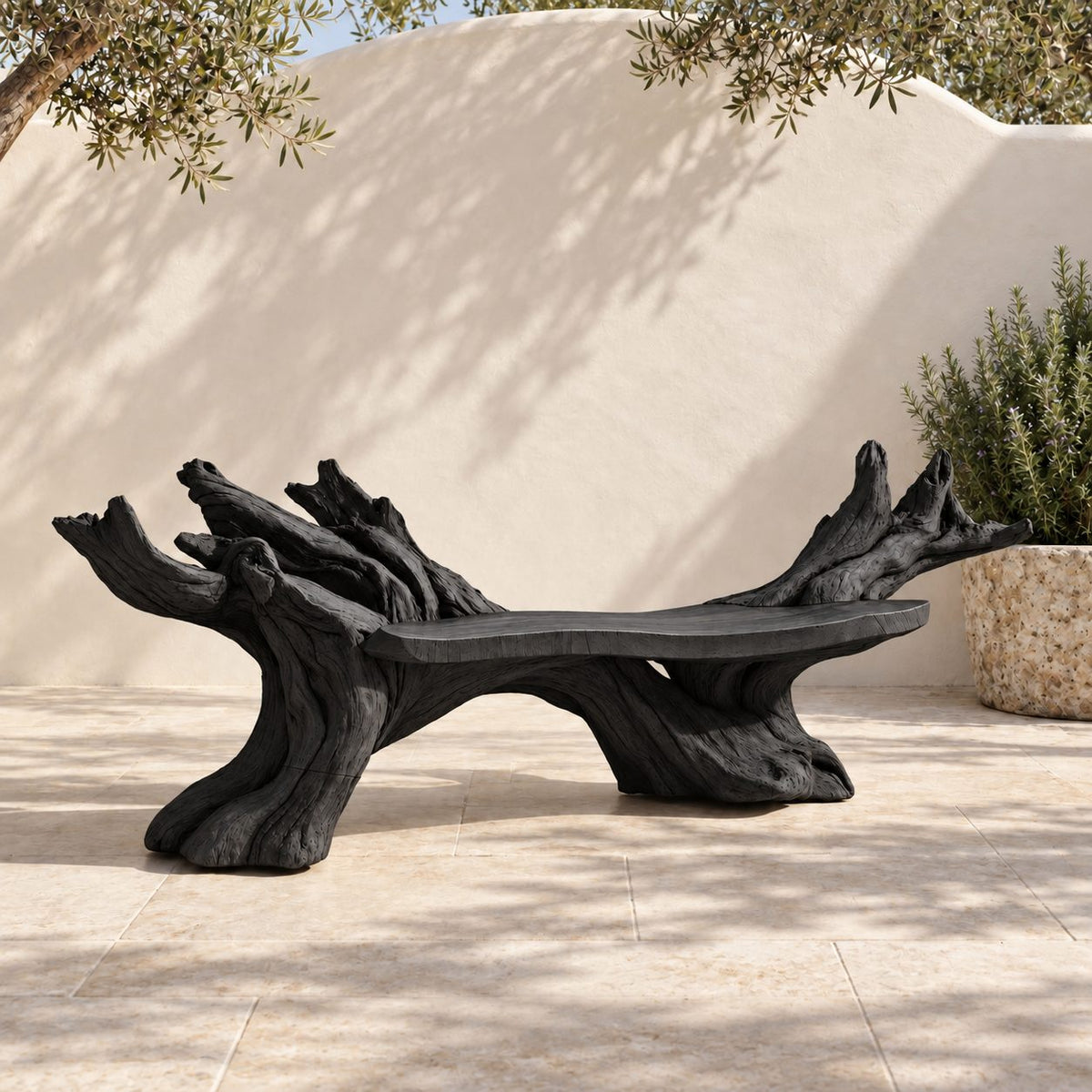 Twin Root Driftwood Style Bench, Sculptural Solid Wood Branch Bench with Gnarled Rising Branch Ends