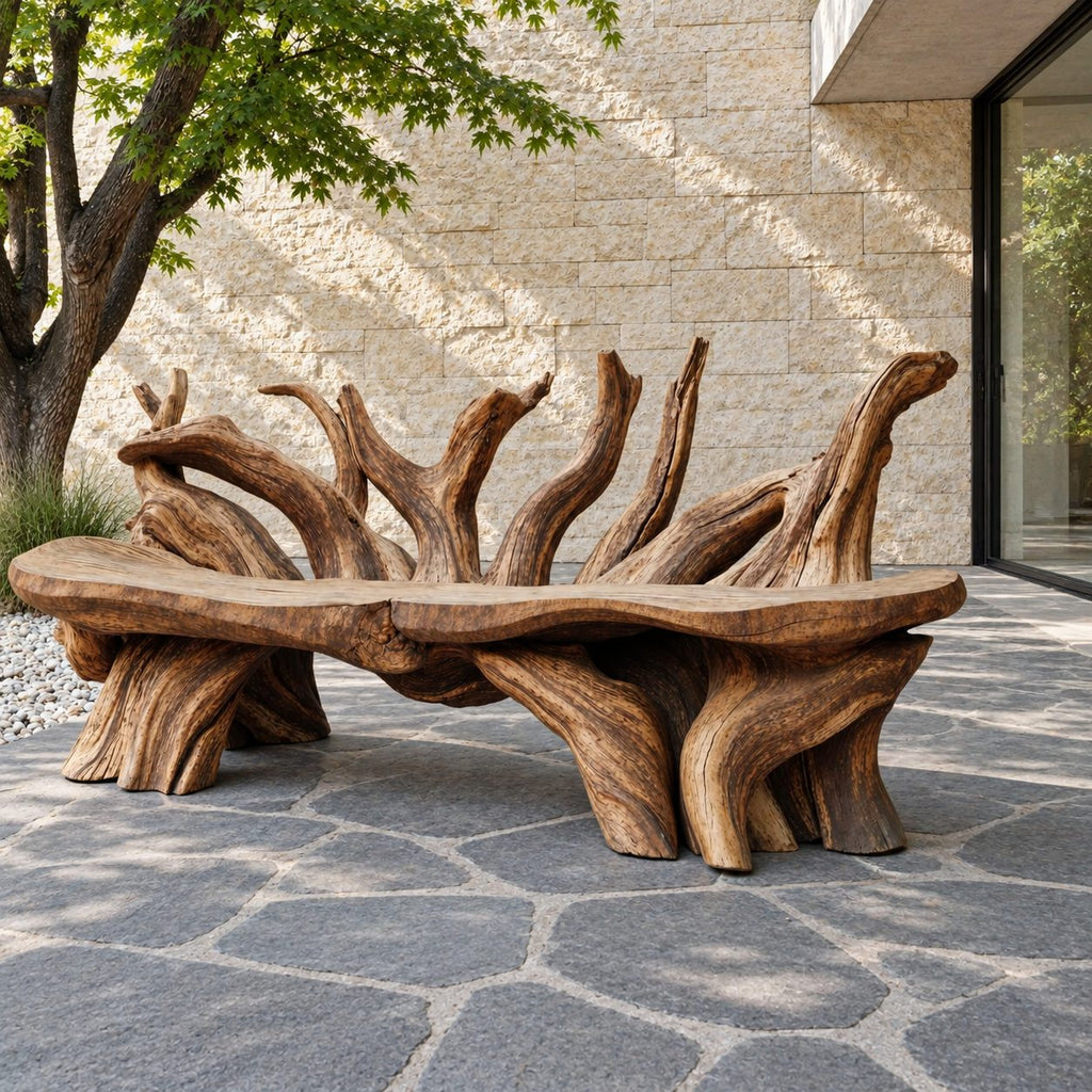 Branch Fan Backrest Root Bench, Sculptural Solid Wood Garden Bench with Thick Slab Seat on Root Legs